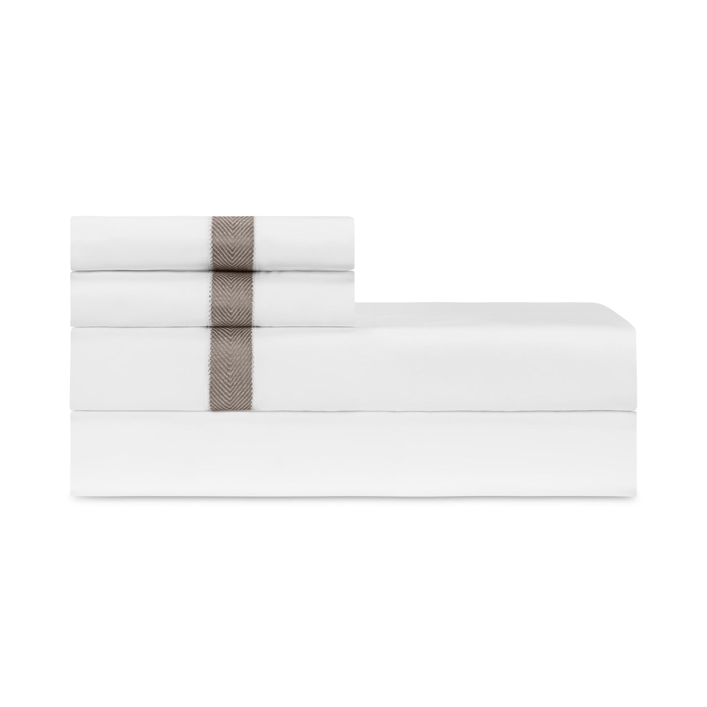 Close-up of folded white sheet set with taupe herringbone border band.