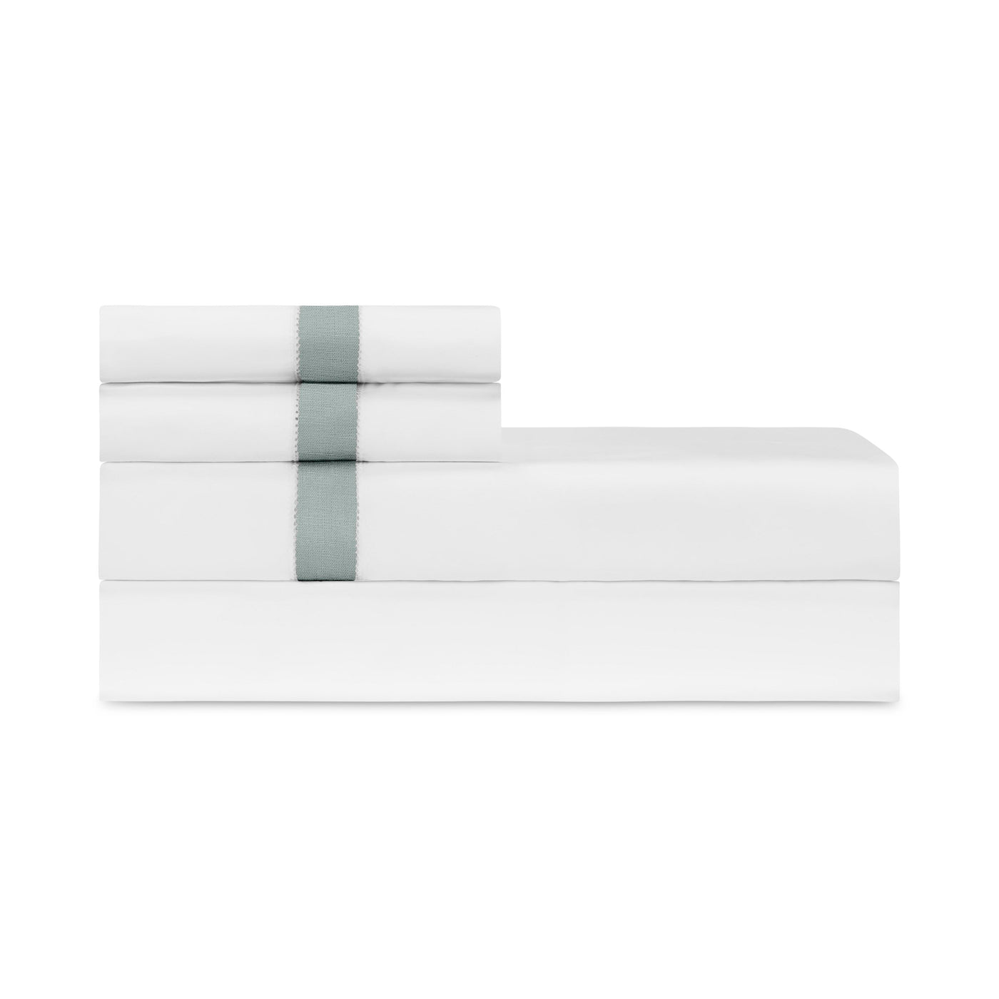 Folded white flat sheet with sage embroidered border band, stacked with matching set.