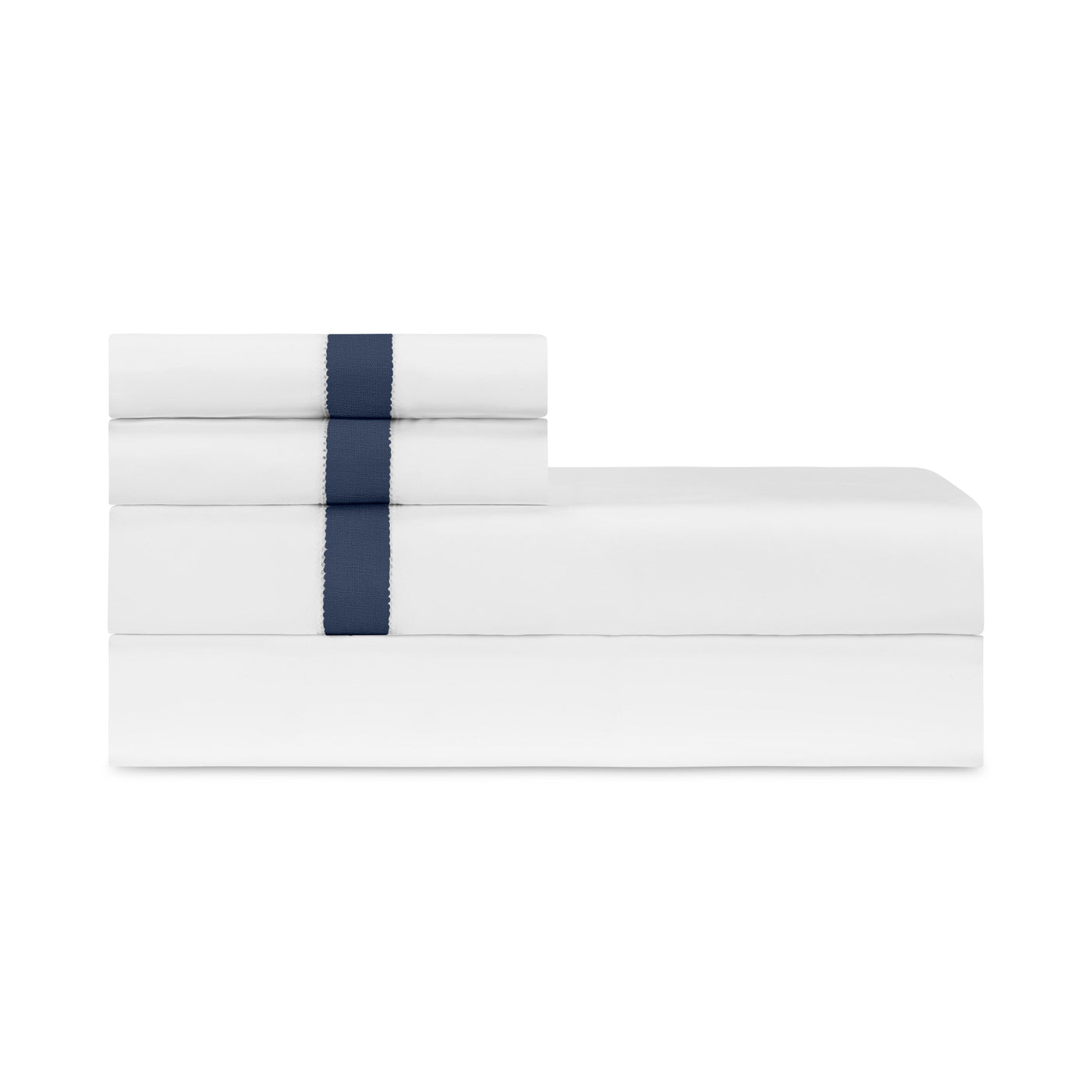 Folded white sheet set with navy ribbon trim detail on a white background.