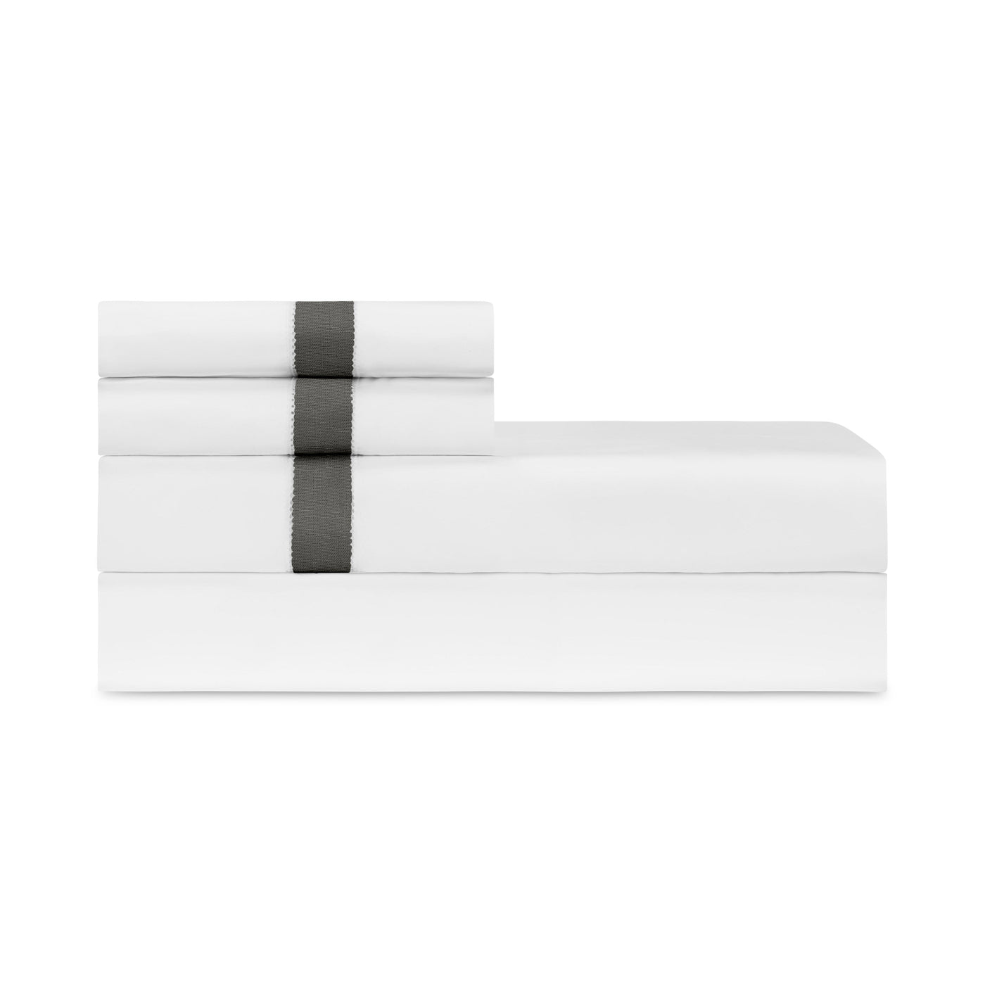 Folded white sheet set with charcoal embroidered border detail, stacked neatly.