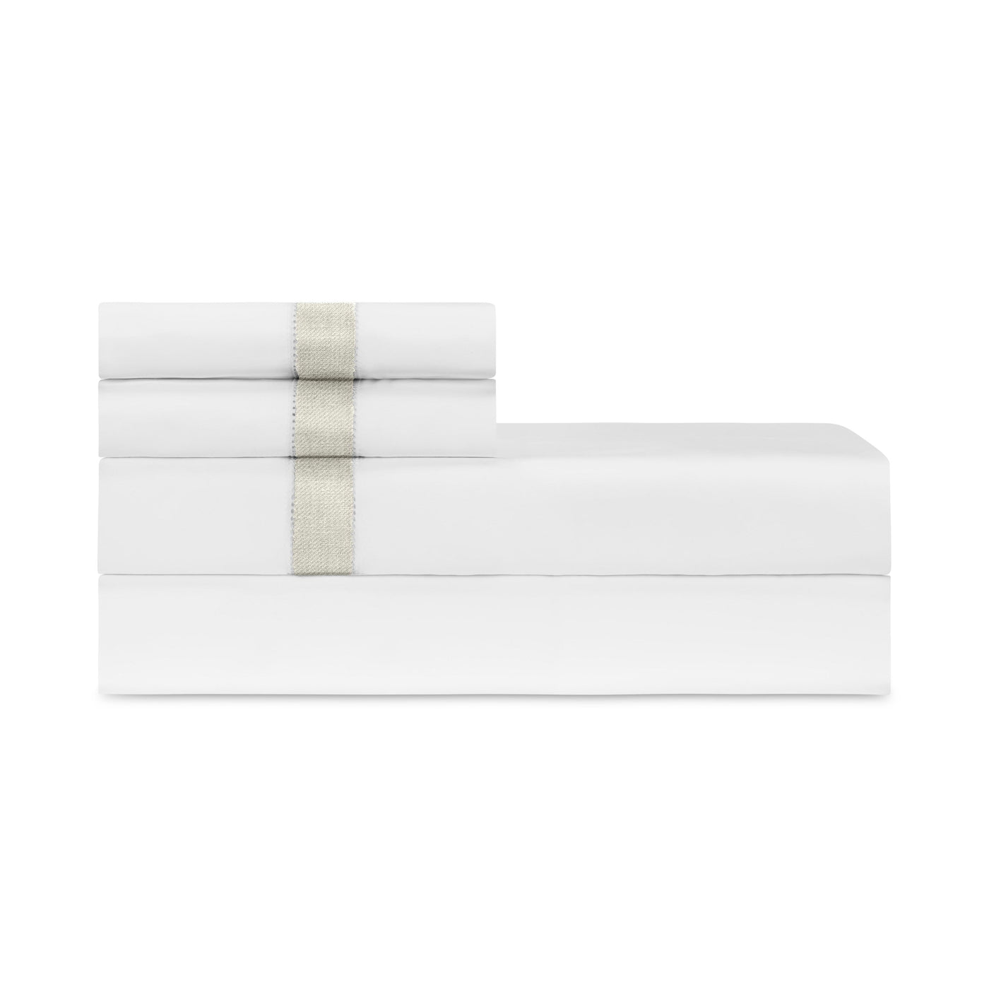 Folded white sheet set with champagne satin ribbon trim, stacked neatly.