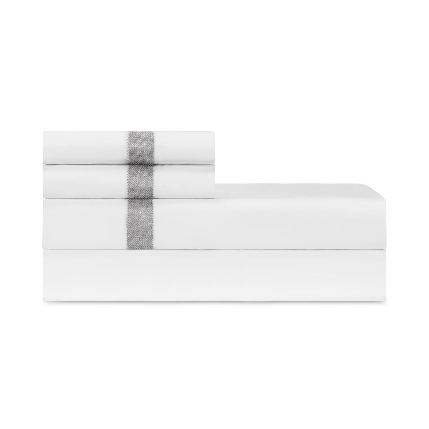 Folded white sheet set with silver embroidered border detail, neatly stacked.
