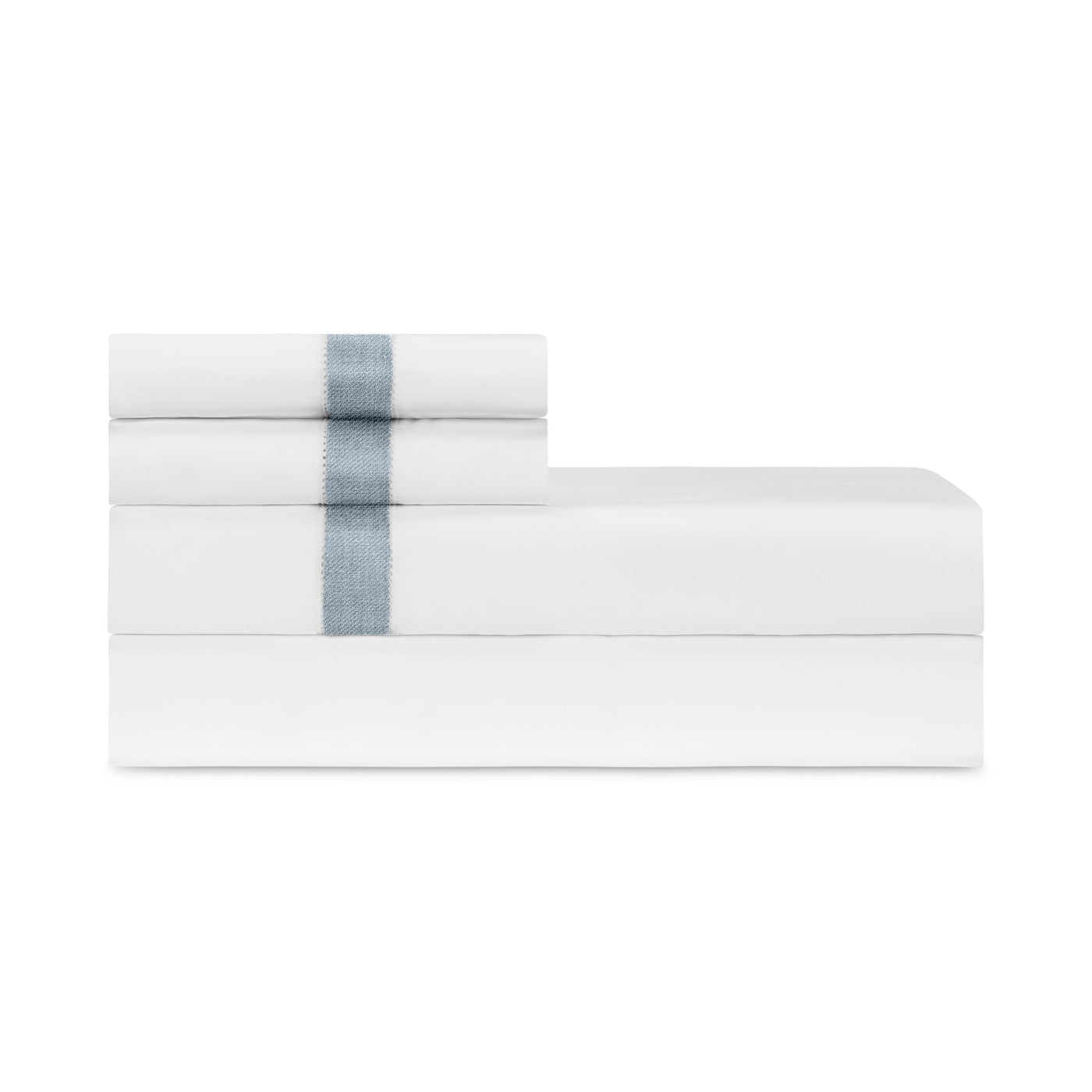 Folded white sheet set with slate blue satin border stripe, neatly stacked.