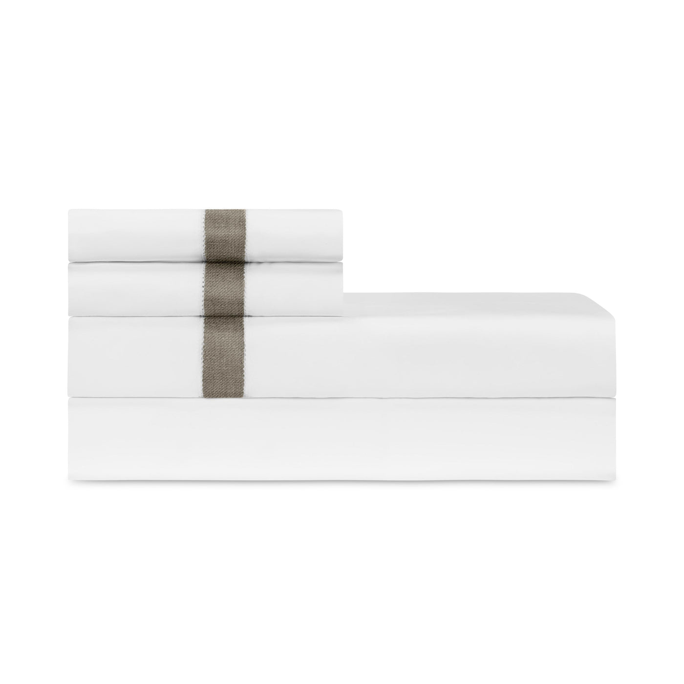 Close-up of folded white sheet set with taupe woven border detail.