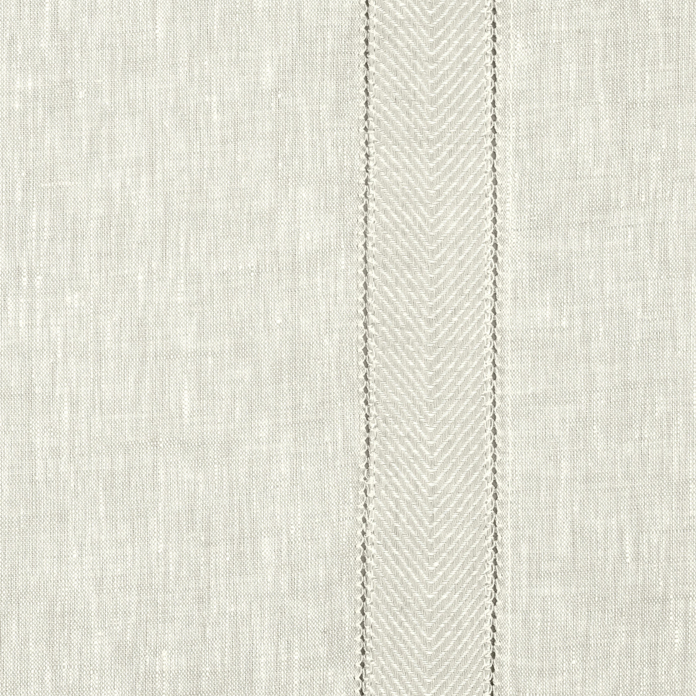 Close-up of ivory linen weave with a vertical herringbone embroidered stripe detail.