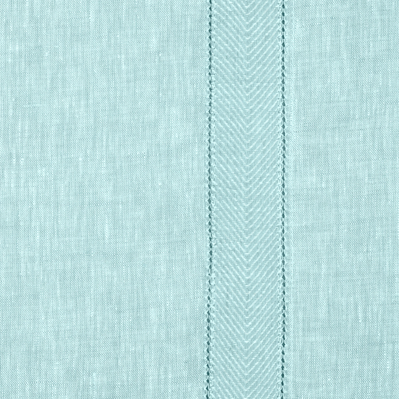 Close-up of aqua linen weave with tonal herringbone border stripe detail.