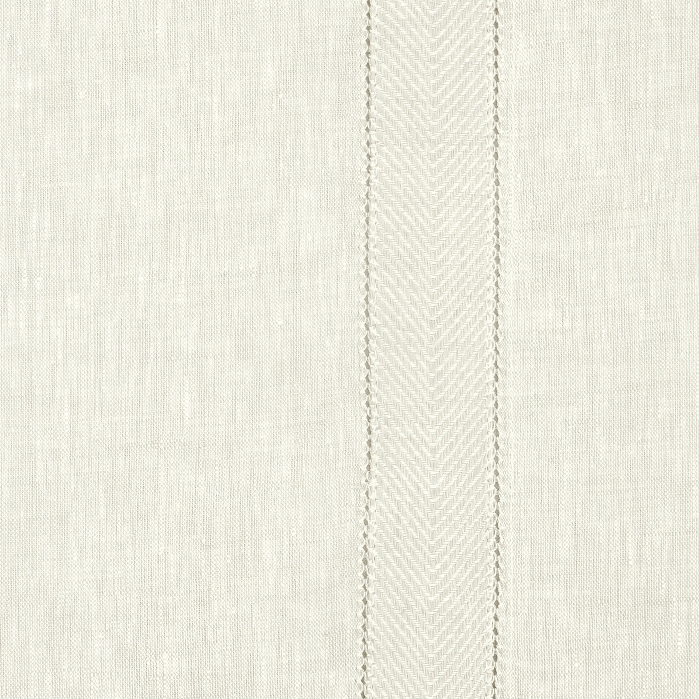 Close-up of ivory linen weave with a central herringbone embroidered stripe detail.