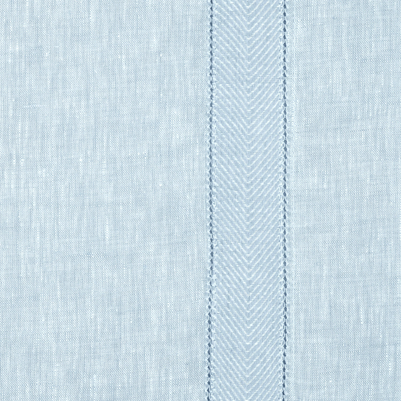 Close-up of sky blue linen weave with central herringbone stripe detail.