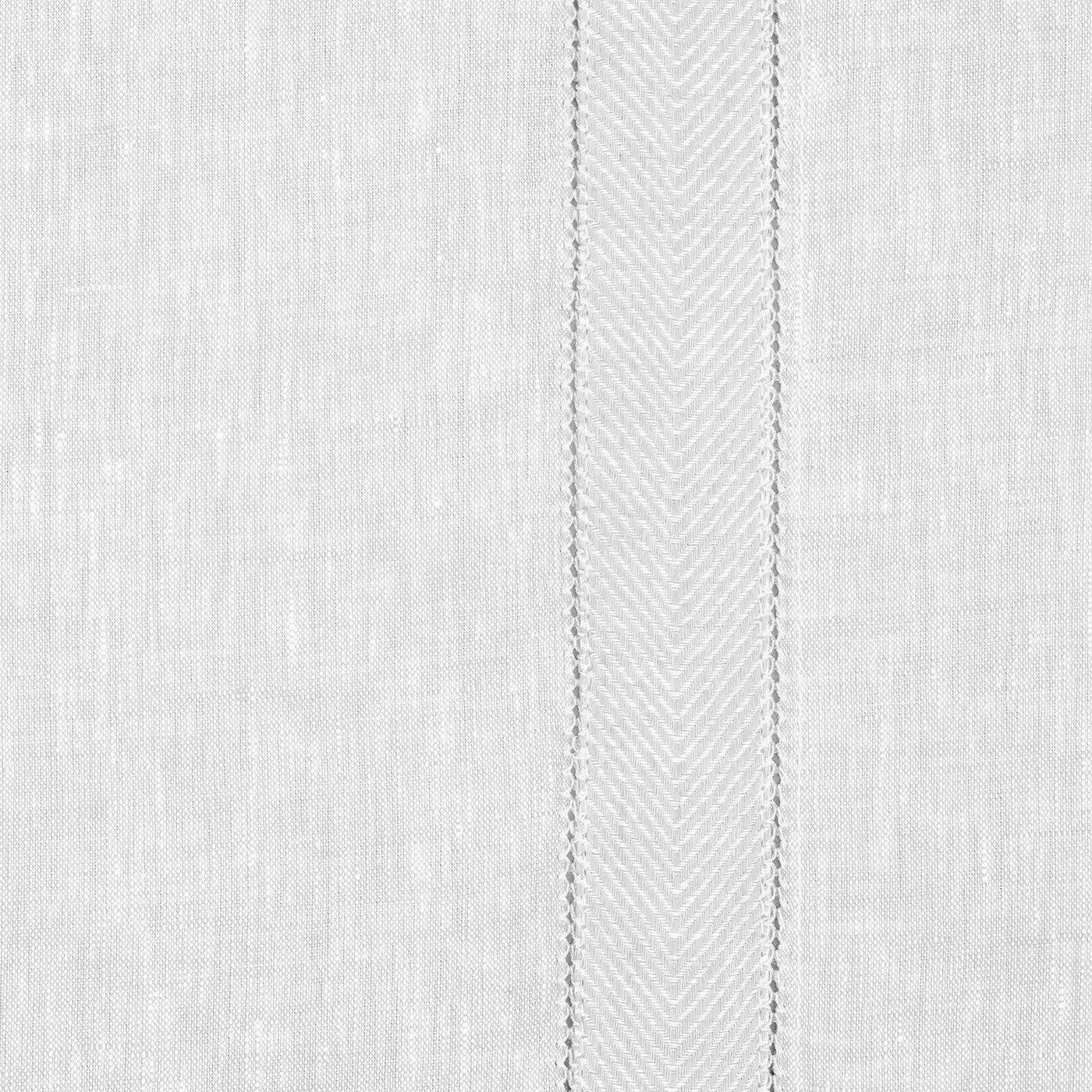 Close-up of ivory linen hand towel showing woven herringbone border stripe detail.