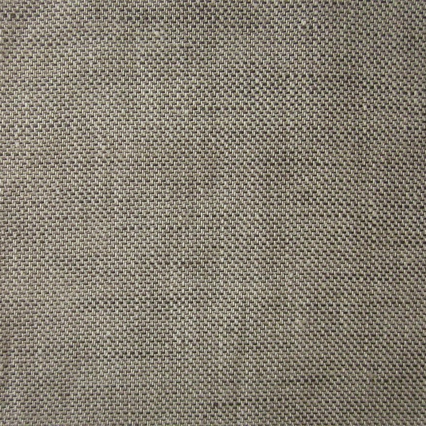 Close-up of taupe linen weave texture with subtle flecked natural variation.