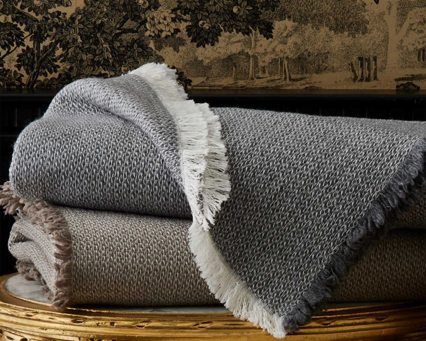 Peacock Alley Telluride blanket stack in gray and mocha