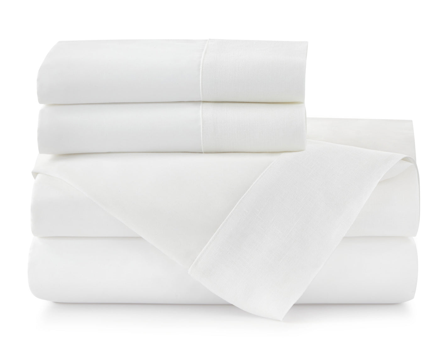 Peacock Alley's Mandalay Cuff sheeting in white, neatly stacked